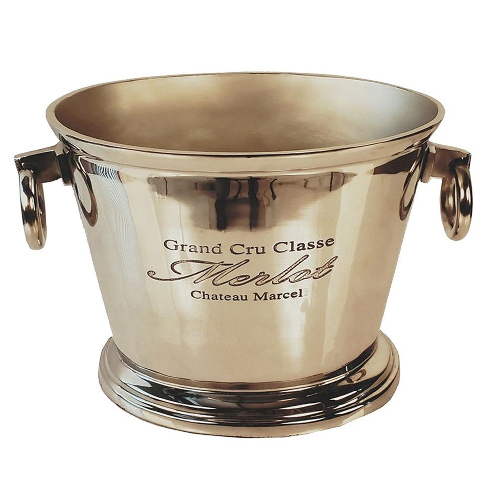 Polished silver-tone metal wine cooler with "Grand Cru Classe Merlot Chateau Marcel" engraving on a white background.