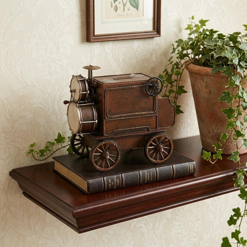 10" Brown Metal Hand Painted Car Model Car styled in a furnished interior with an off-white wall on a tiled floor.