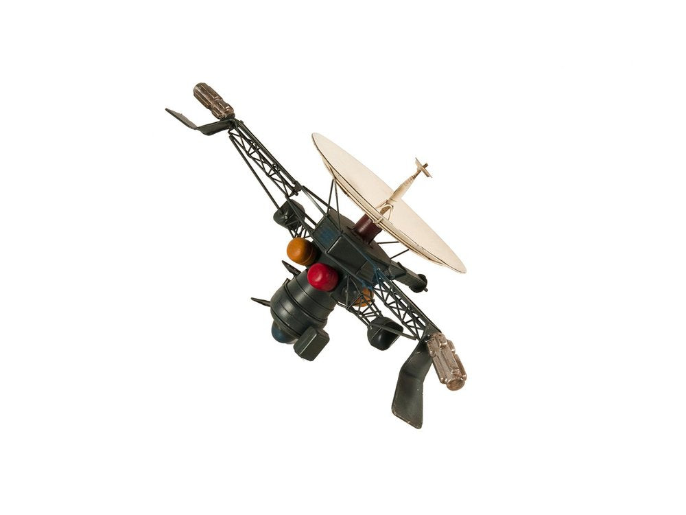 11" Dark Green Metal Hand Painted Model Airplane Tabletop Sculpture. Sculpture isolated on a plain white background, showing a metal surface.