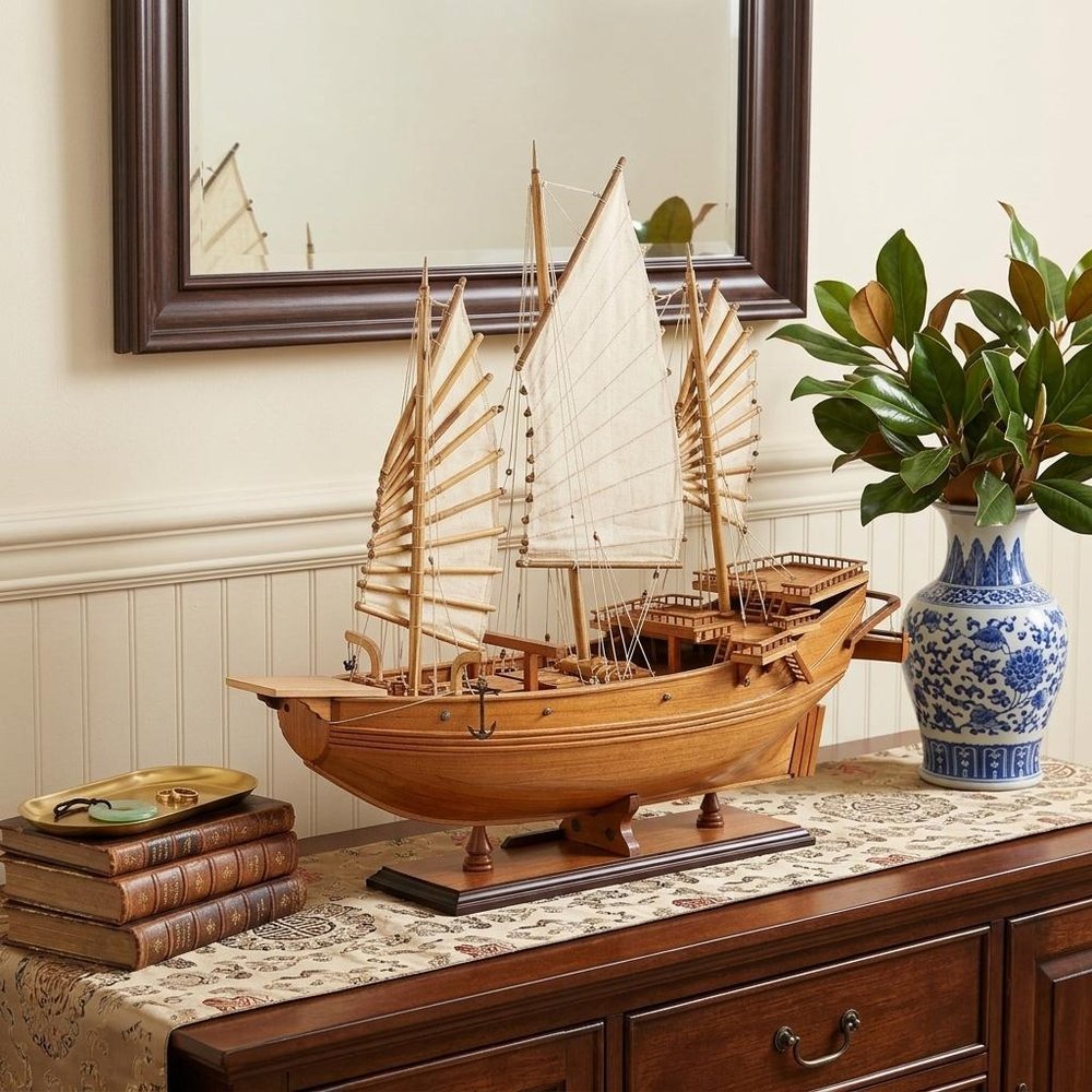 25" Wood Brown Solid Wood Hand Painted Model Boat Tabletop Sculpture