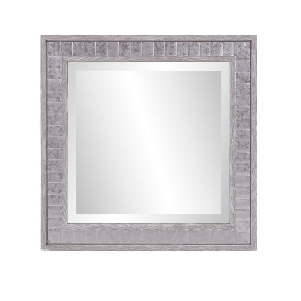 Square mirror with a warm gray faux wood frame featuring a tiled mosaic pattern.