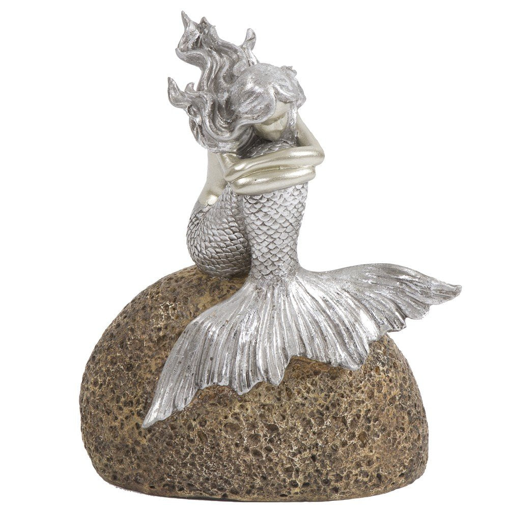 10" Brown and Silver Contemplative Mermaid Resin Tabletop Sculpture. Sculpture isolated on a plain white background, finished in silver resin.