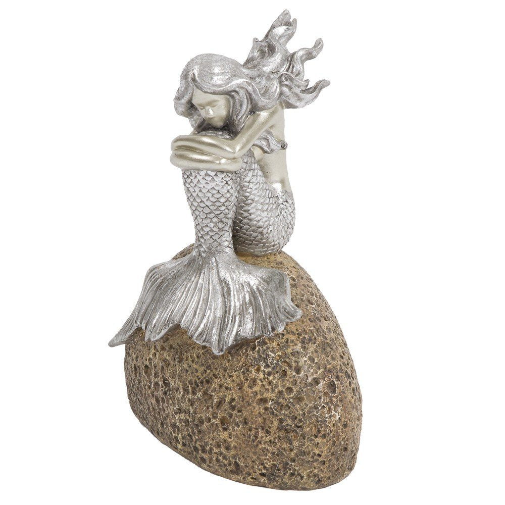 10" Brown and Silver Contemplative Mermaid Resin Tabletop Sculpture. Sculpture isolated on a plain white background, showing a silver resin surface.