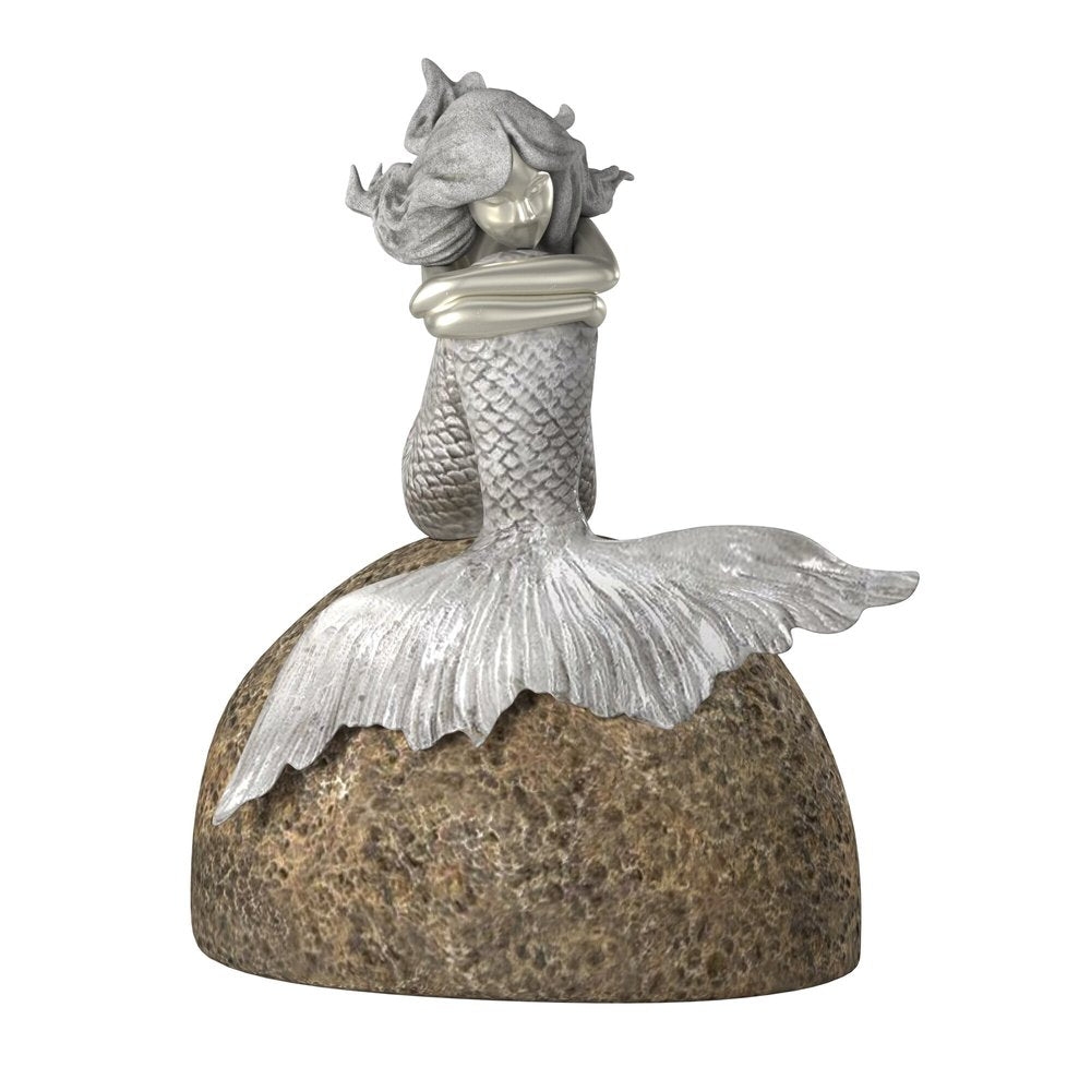 10" Brown and Silver Contemplative Mermaid Resin Tabletop Sculpture. Sculpture isolated on a plain white background, in a silver resin finish.