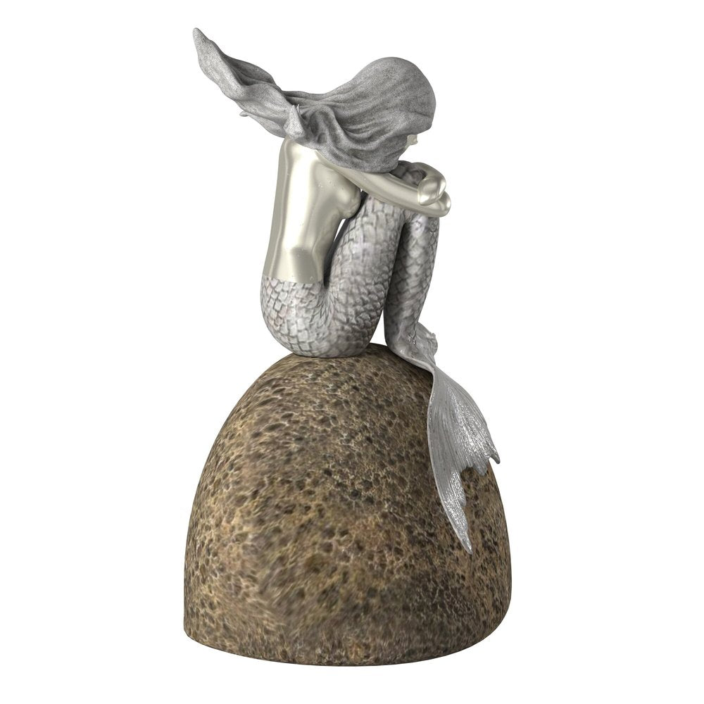 10" Brown and Silver Contemplative Mermaid Resin Tabletop Sculpture. Sculpture isolated on a plain white background, showing a silver resin surface.