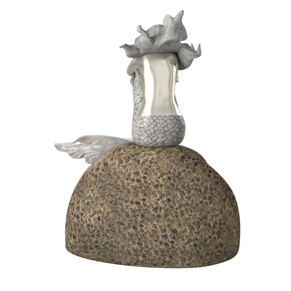10" Brown and Silver Contemplative Mermaid Resin Tabletop Sculpture. Sculpture isolated on a plain white background, in a silver resin finish.