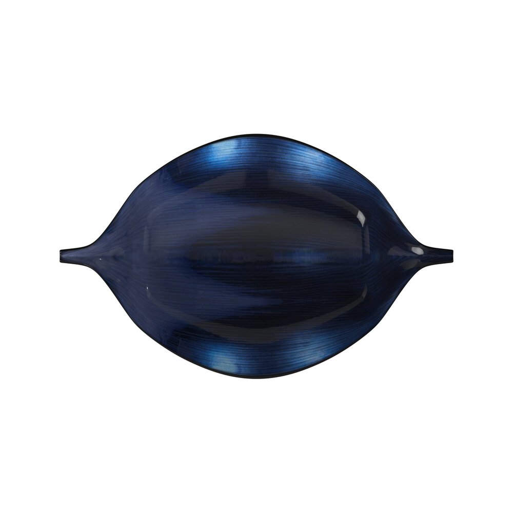 19" Black And Blue Solid Wood Novelty Centerpiece Bowl. Serving bowl isolated on a plain white background, finished in black wood.