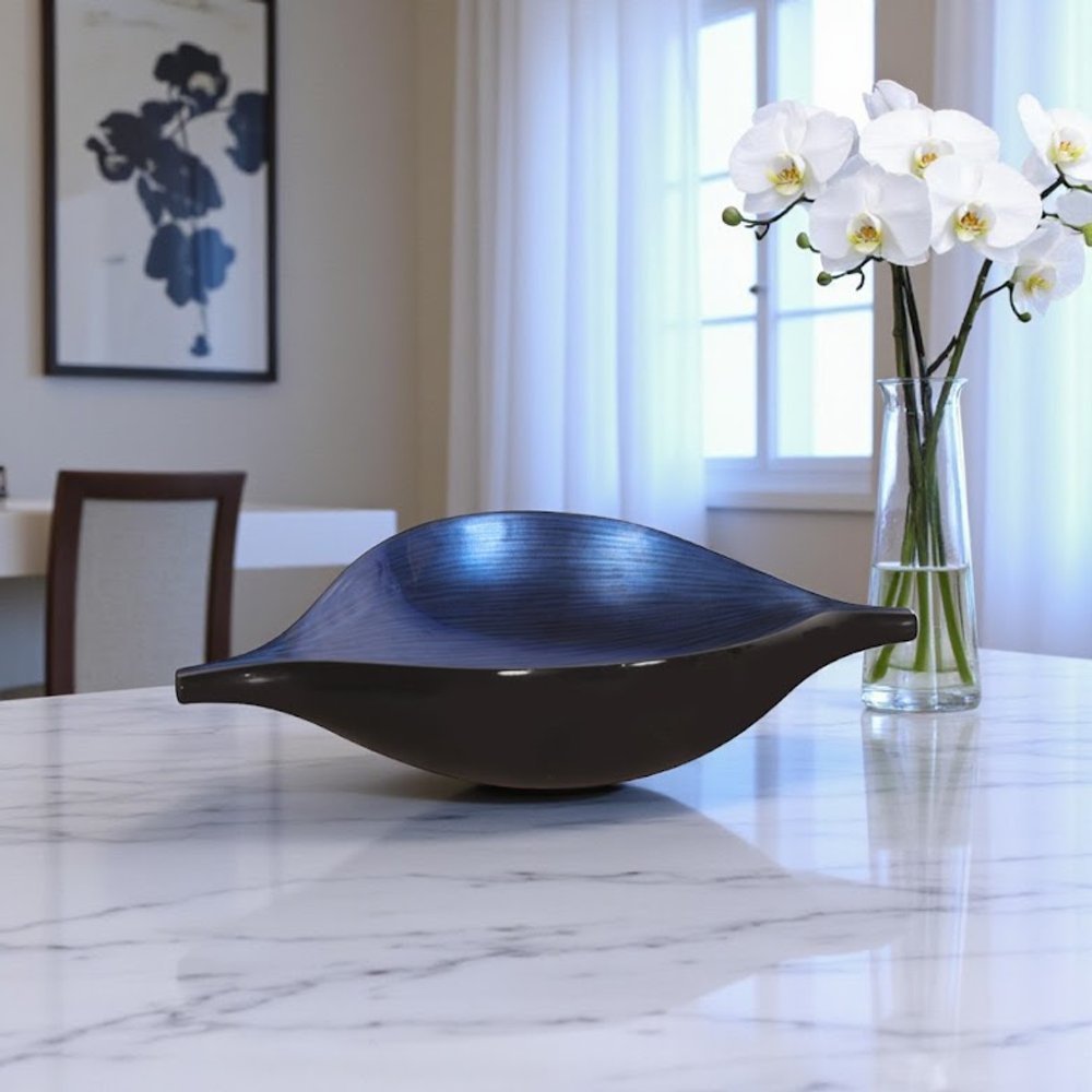 19" Black And Blue Solid Wood Novelty Centerpiece Bowl shown outdoors on an outdoor setting.