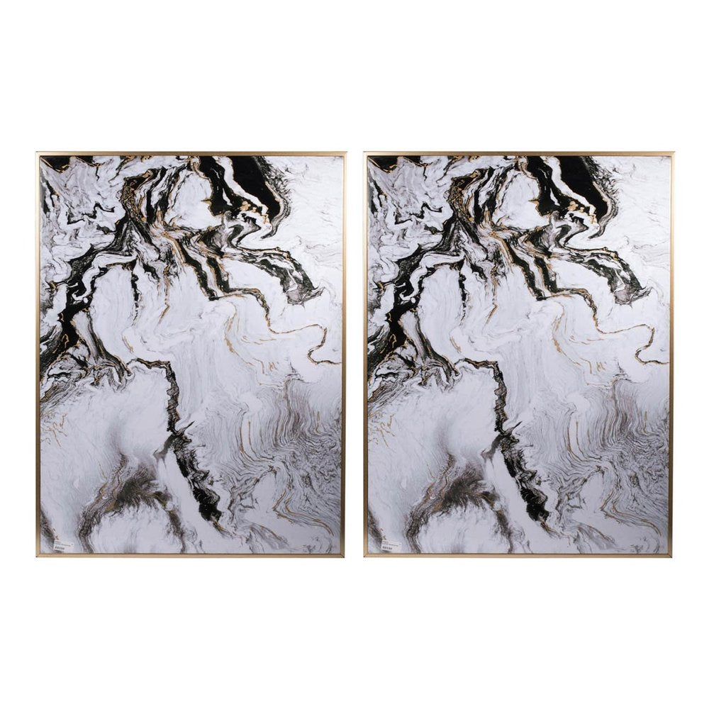 Two framed abstract art pieces with white, black, and gold marbled patterns, set against a white background.