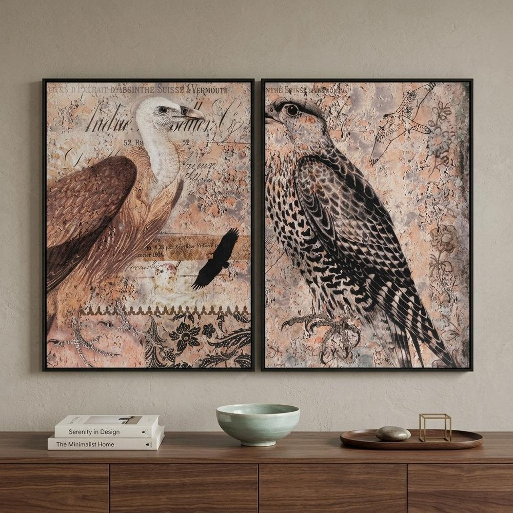 Set of Two Brown Wood Framed Art in a home interior