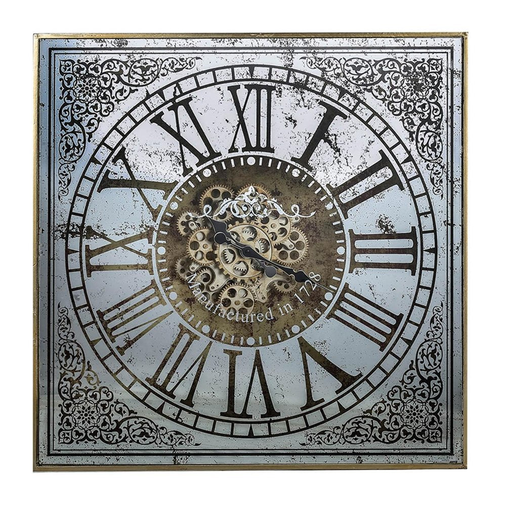 32" Gold And Silver Metal Analog Distressed Square Wall Clock. Wall clock isolated on a plain white background, in a silver metal finish.