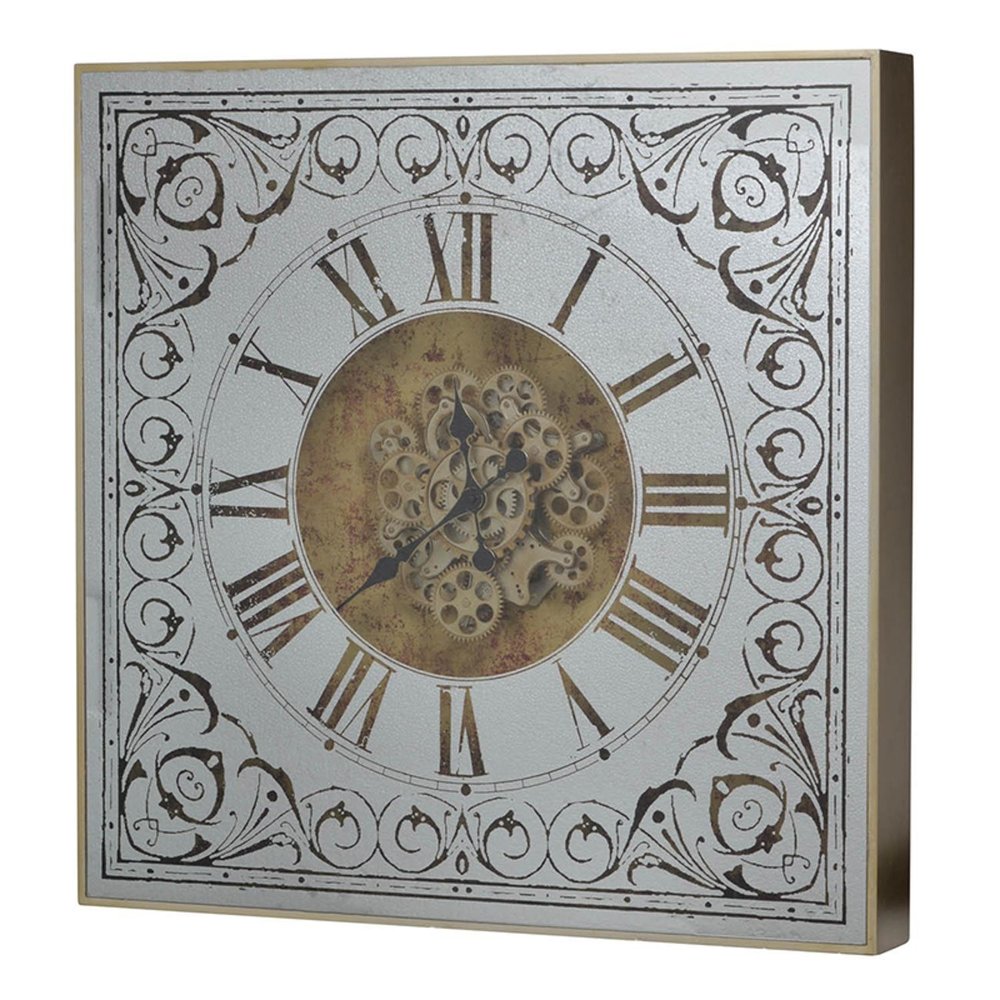 32" Gold And Silver Metal Analog Distressed Square Wall Clock. Wall clock isolated on a plain white background, finished in silver metal.