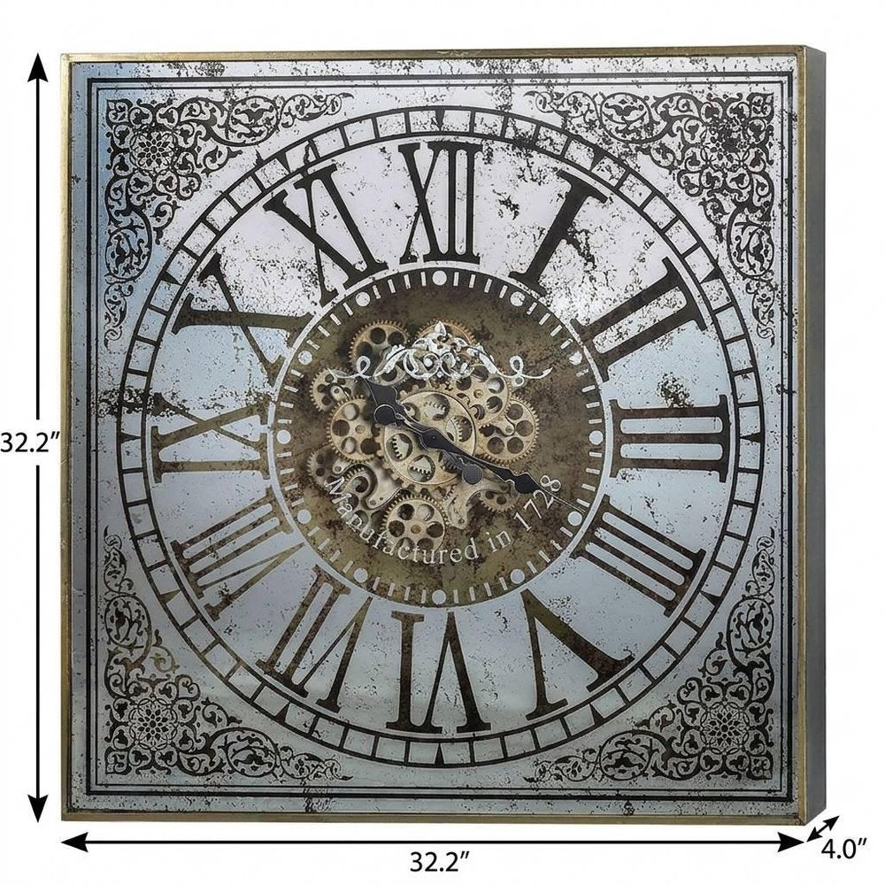 32" Gold And Silver Metal Analog Distressed Square Wall Clock. Wall clock isolated on a plain white background, showing a silver metal surface.