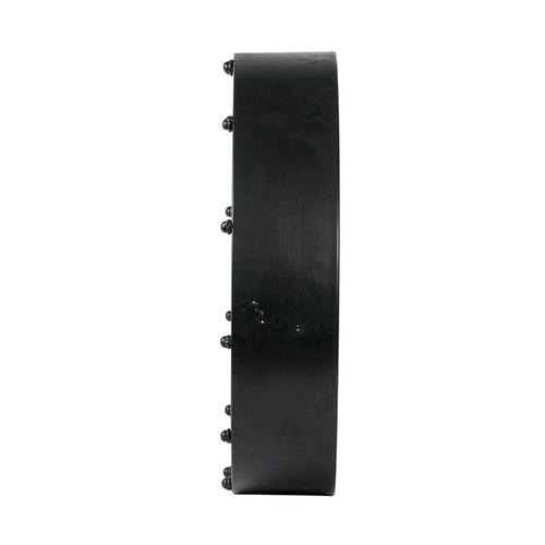 Black industrial wall clock with visible rivets on the side, against a white background.