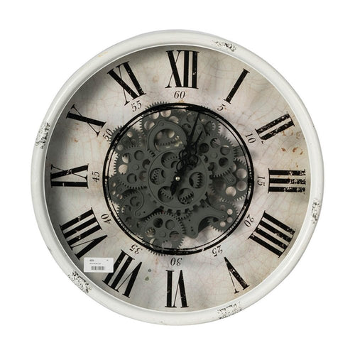 White and black distressed iron analog round wall clock with visible gears and Roman numerals.