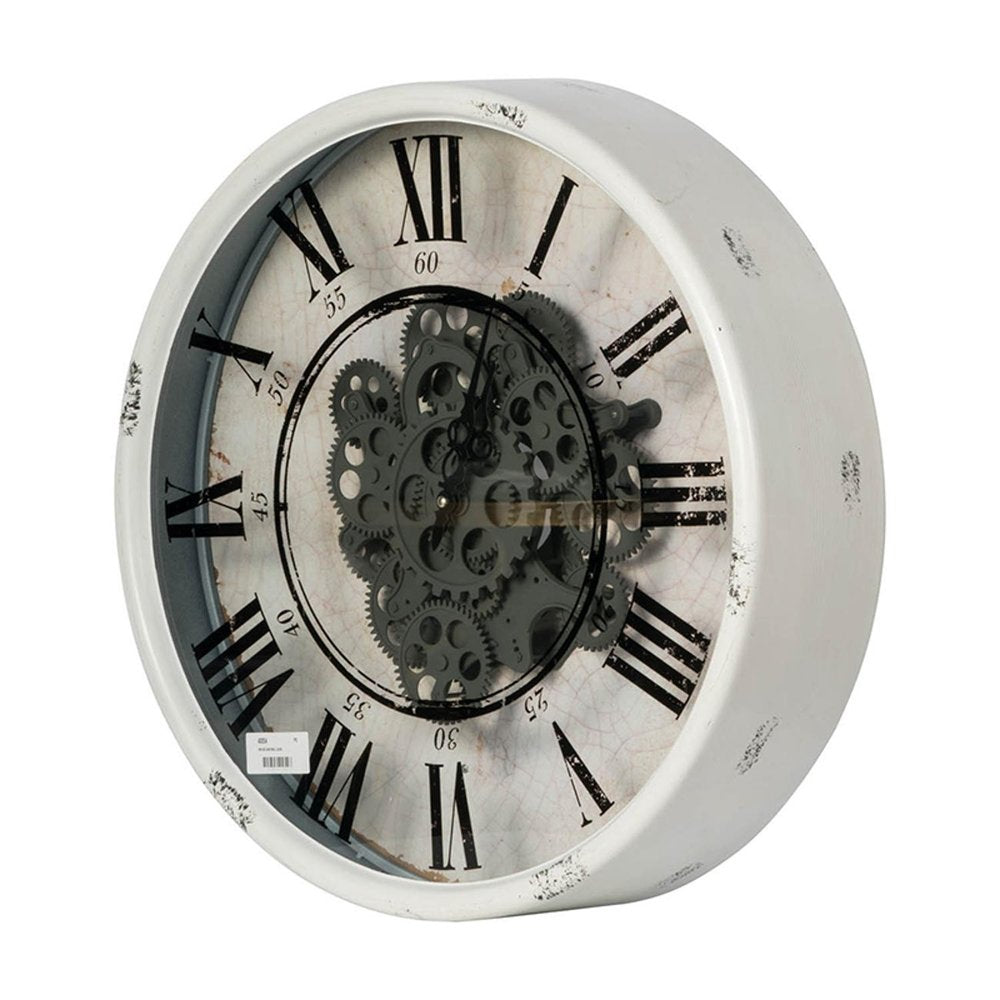 20" White And Black Iron Analog Distressed Round Wall Clock. Wall clock isolated on a plain white background, showing a black metal surface.