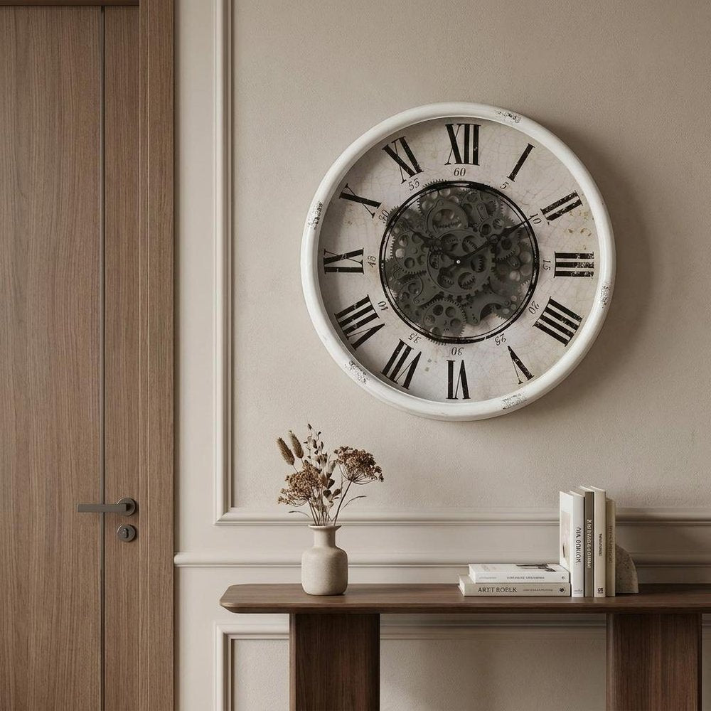20" White And Black Iron Analog Distressed Round Wall Clock. Wall clock in black metal.