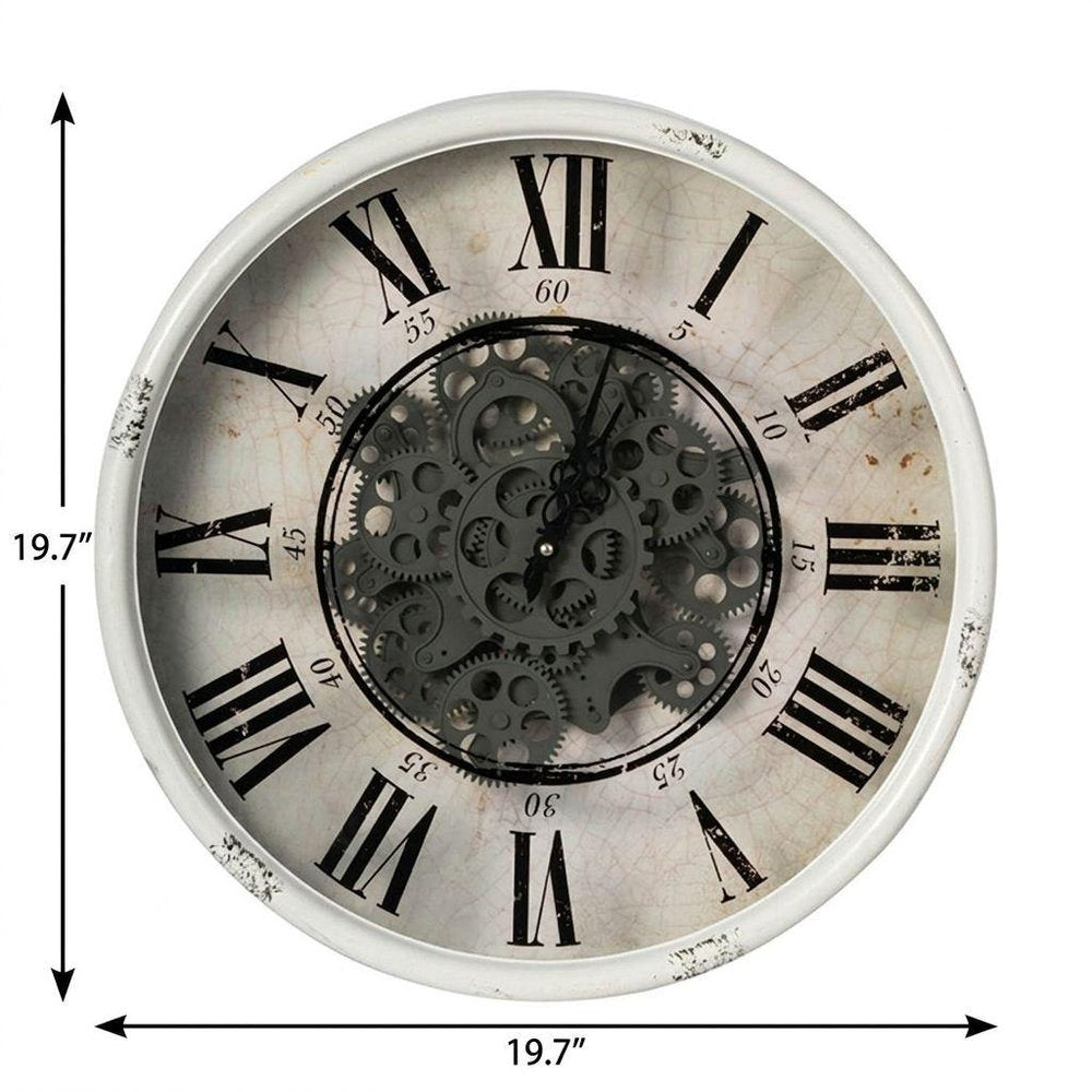 20" White And Black Iron Analog Distressed Round Wall Clock. Wall clock isolated on a plain white background, finished in black metal.