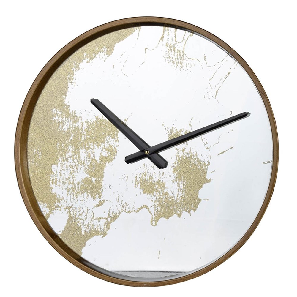 Round gold dust and mirrored wall clock with black hands on a white background.