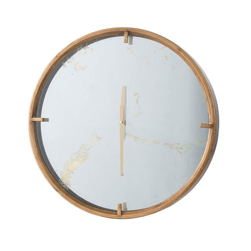 Round gold wood analog wall clock with a mirrored face and distressed gold accents.