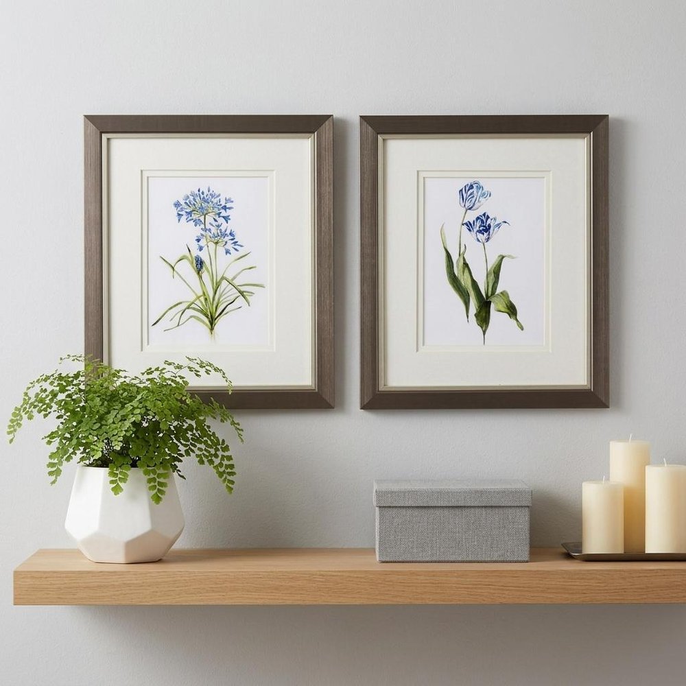 Set of Two Watercolor Dark Blue Flowers Wall Art in a home interior