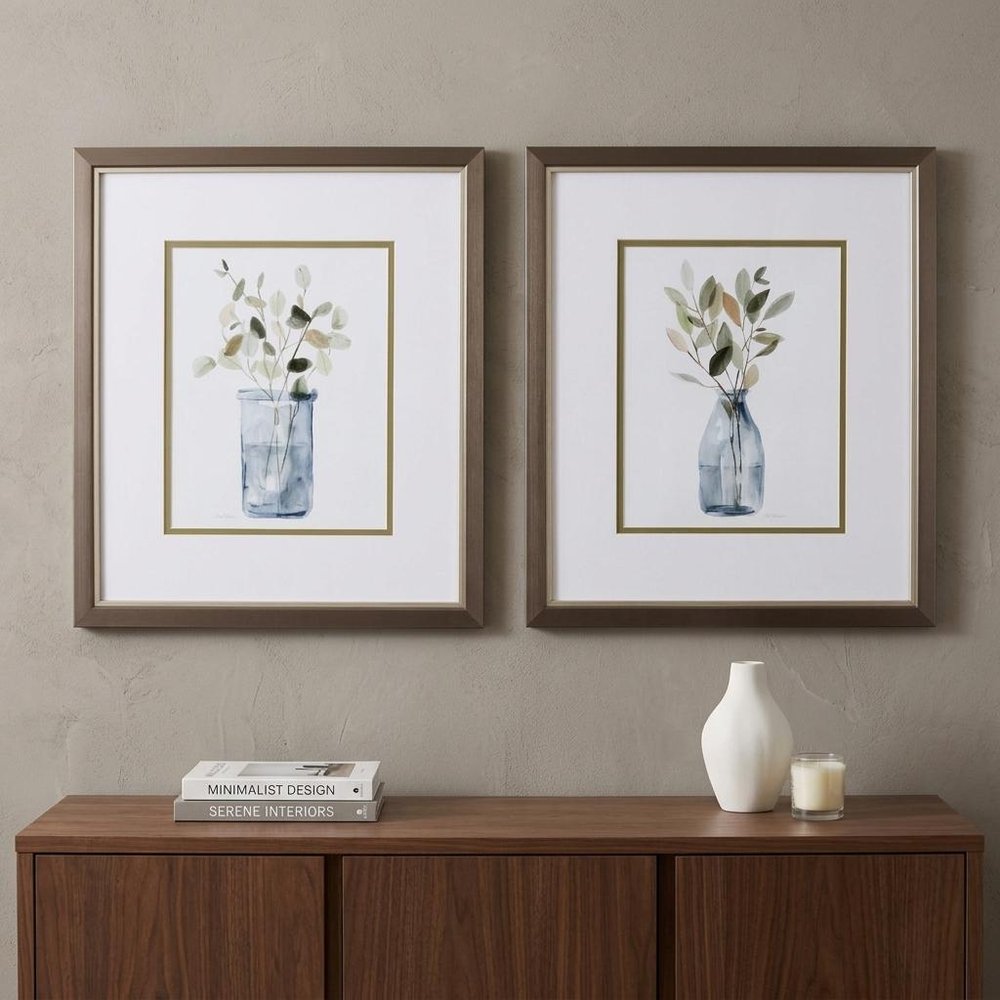 Set of Two Neutral Color Plants Watercolor Wall Art in a home interior