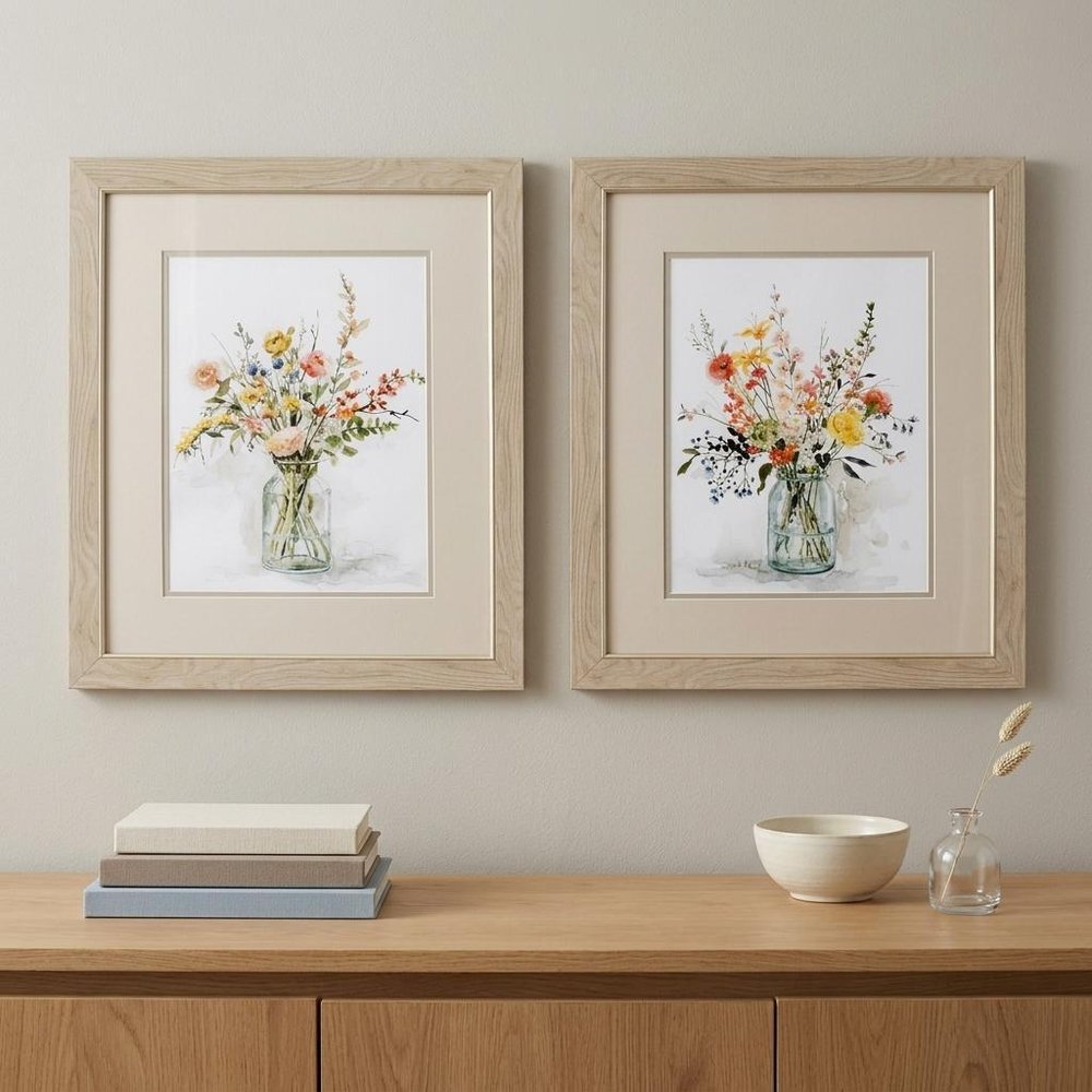 Set of Two Colorful Bouquets Watercolor Wall Art