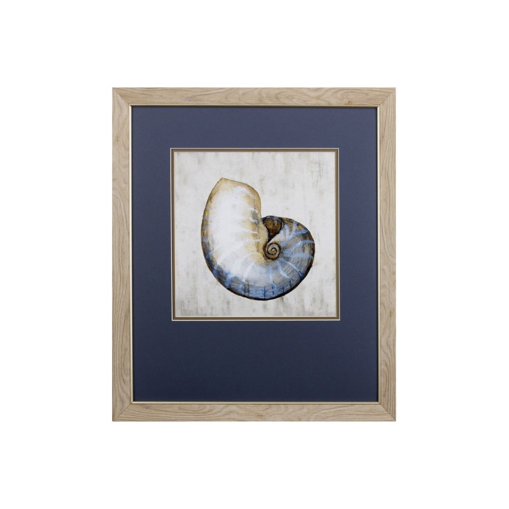 Framed artwork of a nautilus shell in blue and white tones, set against a textured background with a navy mat and light wood frame.