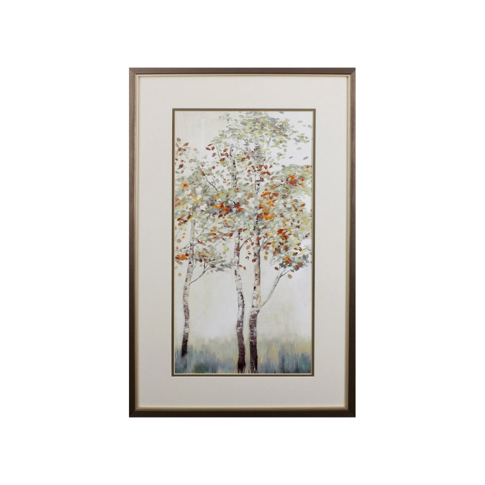 Framed painting of three birch trees with fall foliage in muted colors, set against a light background with a grassy foreground.