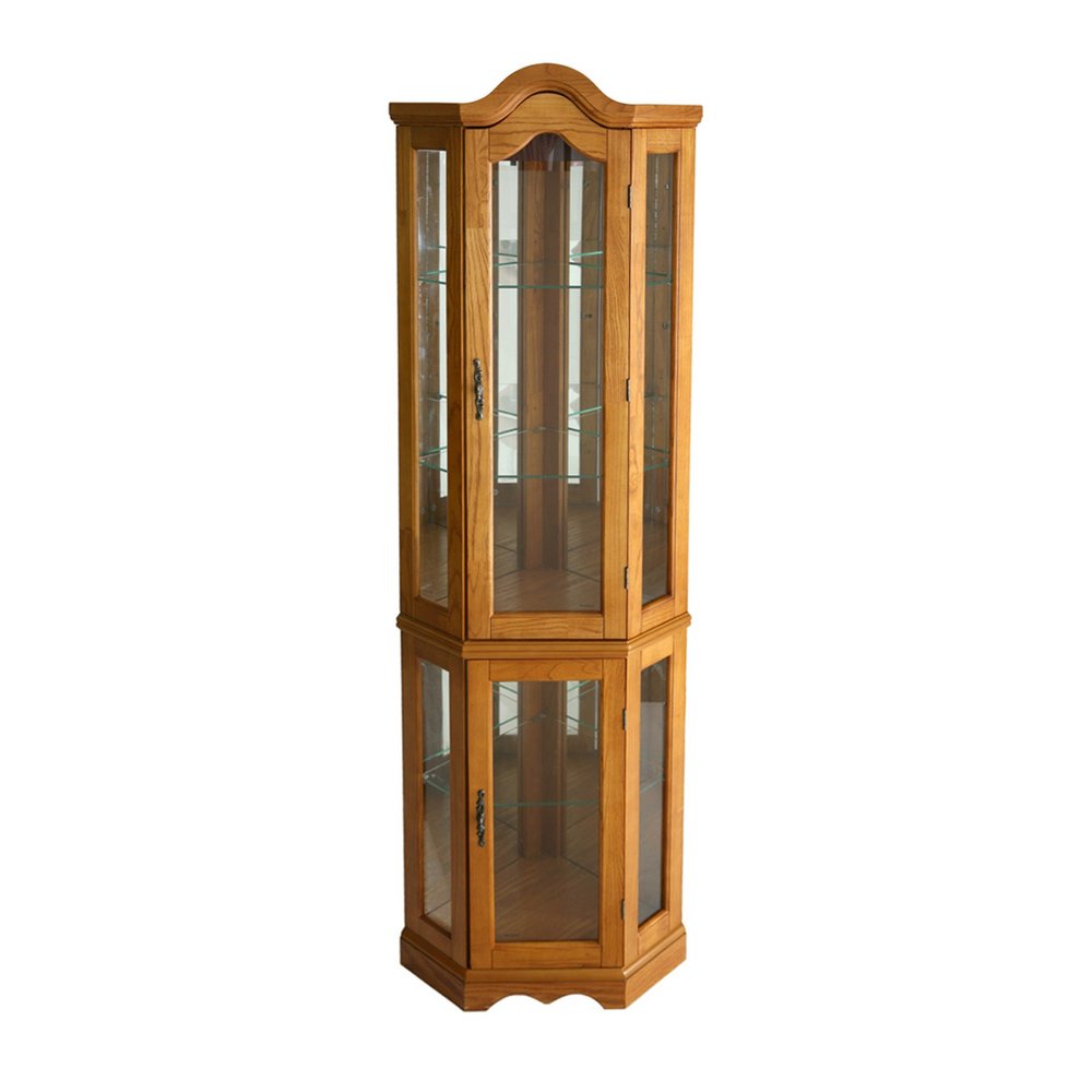 Golden Oak Scallop Top Lighted Corner Curio Cabinet on a white background