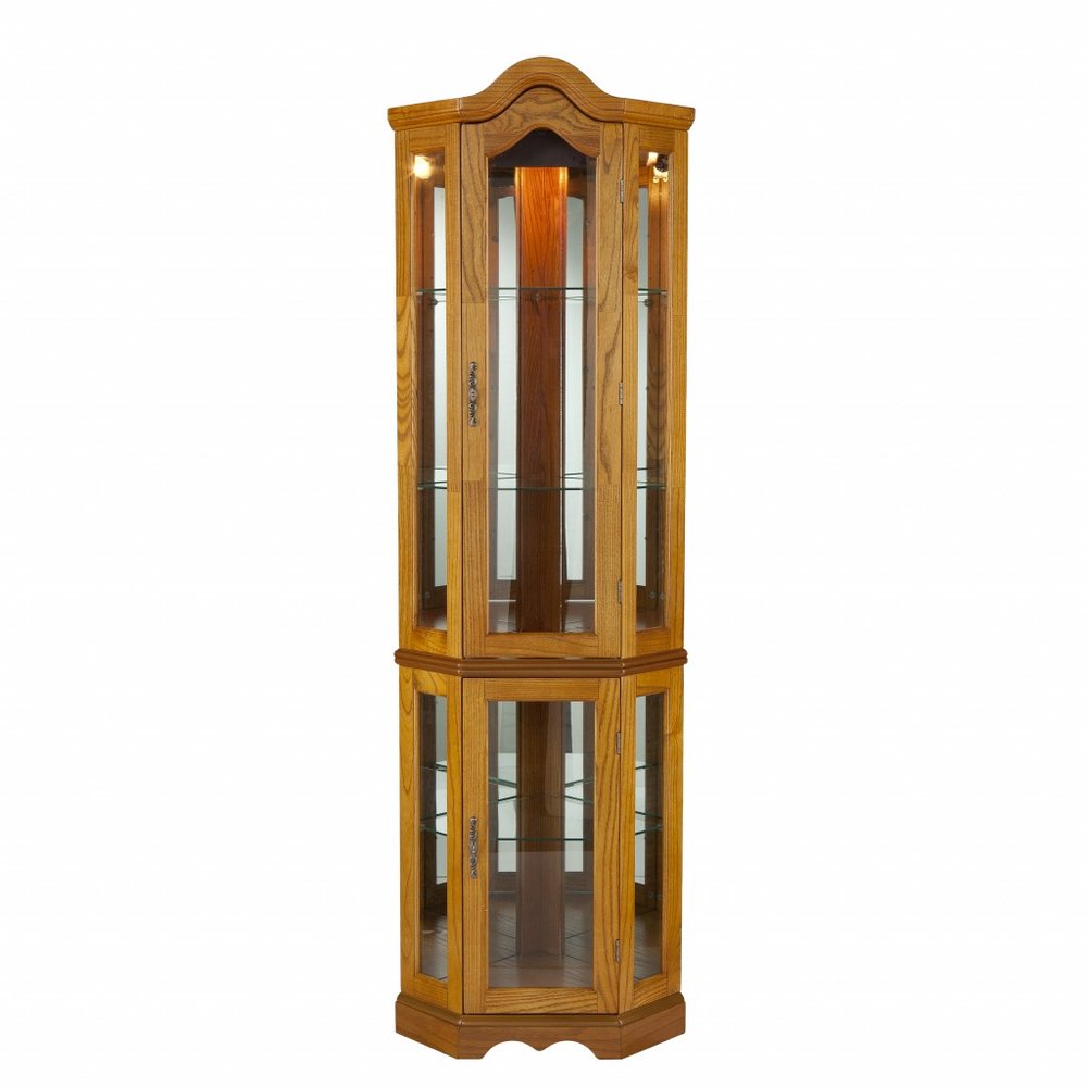 Golden Oak Scallop Top Lighted Corner Curio Cabinet on a white background