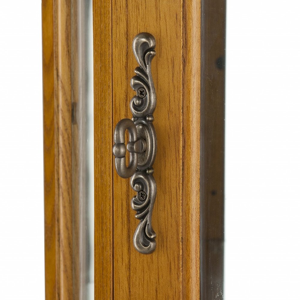 Golden Oak Scallop Top Lighted Corner Curio Cabinet on a white background