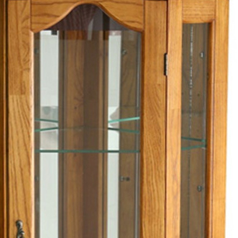 Golden Oak Scallop Top Lighted Corner Curio Cabinet