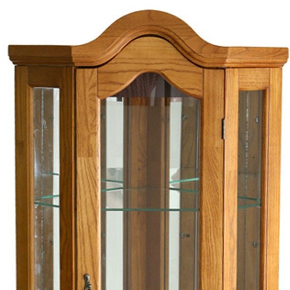 Golden Oak Scallop Top Lighted Corner Curio Cabinet on a white background
