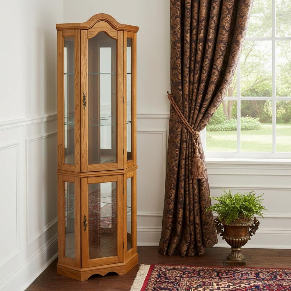 Golden Oak Scallop Top Lighted Corner Curio Cabinet in a home interior