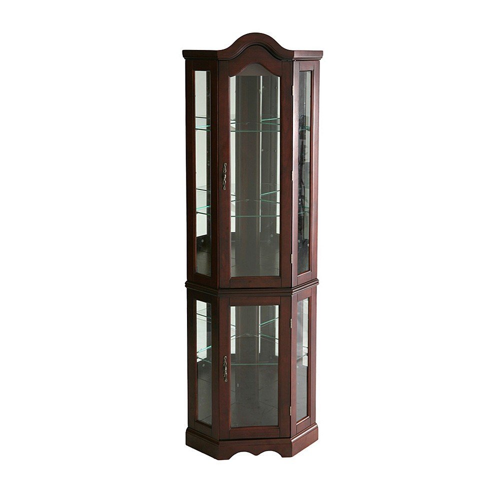 Mahogany Scallop Top Lighted Corner Curio Cabinet on a white background