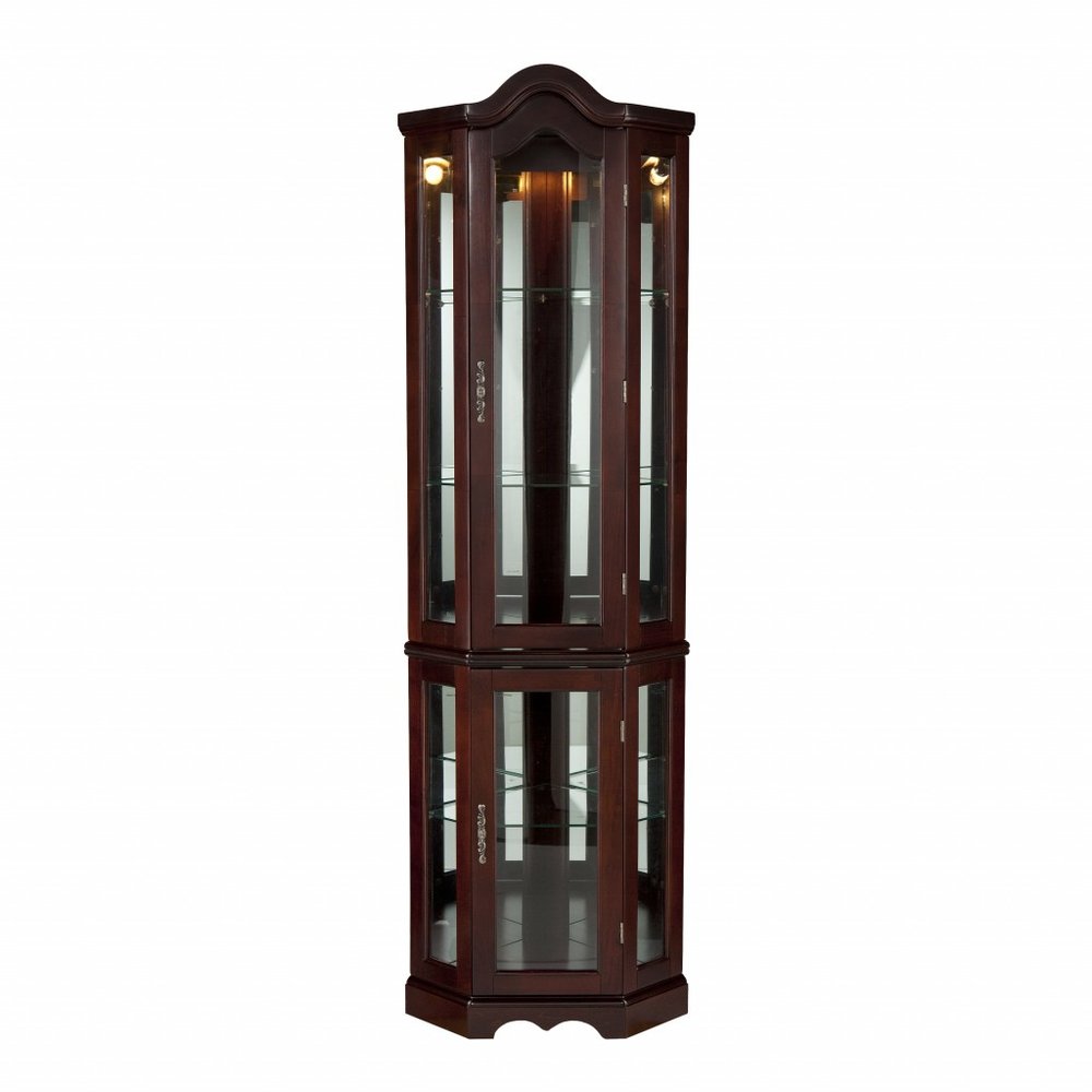 Mahogany Scallop Top Lighted Corner Curio Cabinet on a white background