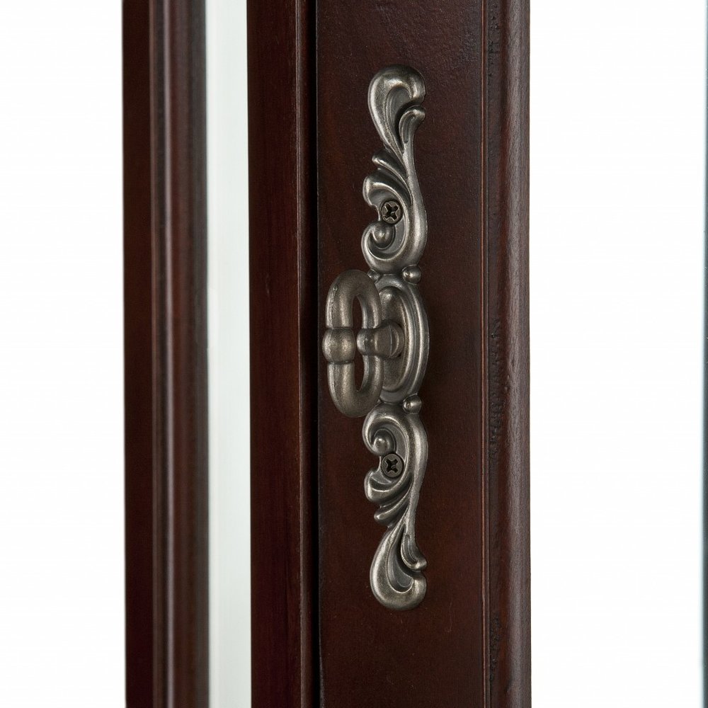 Mahogany Scallop Top Lighted Corner Curio Cabinet on a white background