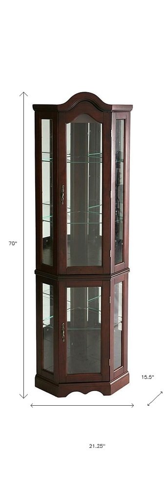 Mahogany Scallop Top Lighted Corner Curio Cabinet on a white background