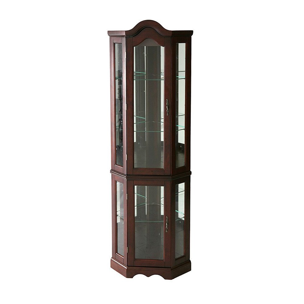 Mahogany Scallop Top Lighted Corner Curio Cabinet on a white background