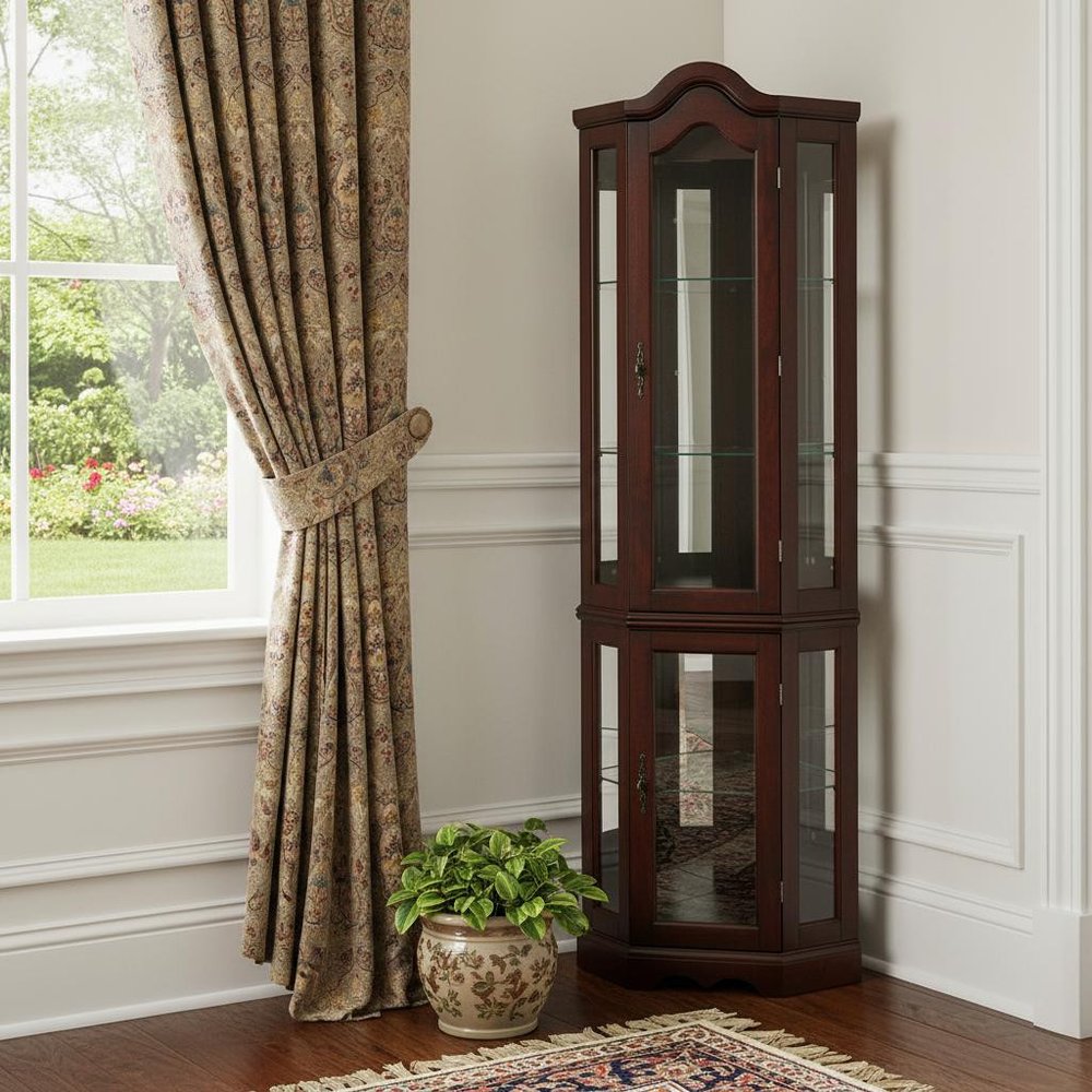 Mahogany Scallop Top Lighted Corner Curio Cabinet in a home interior