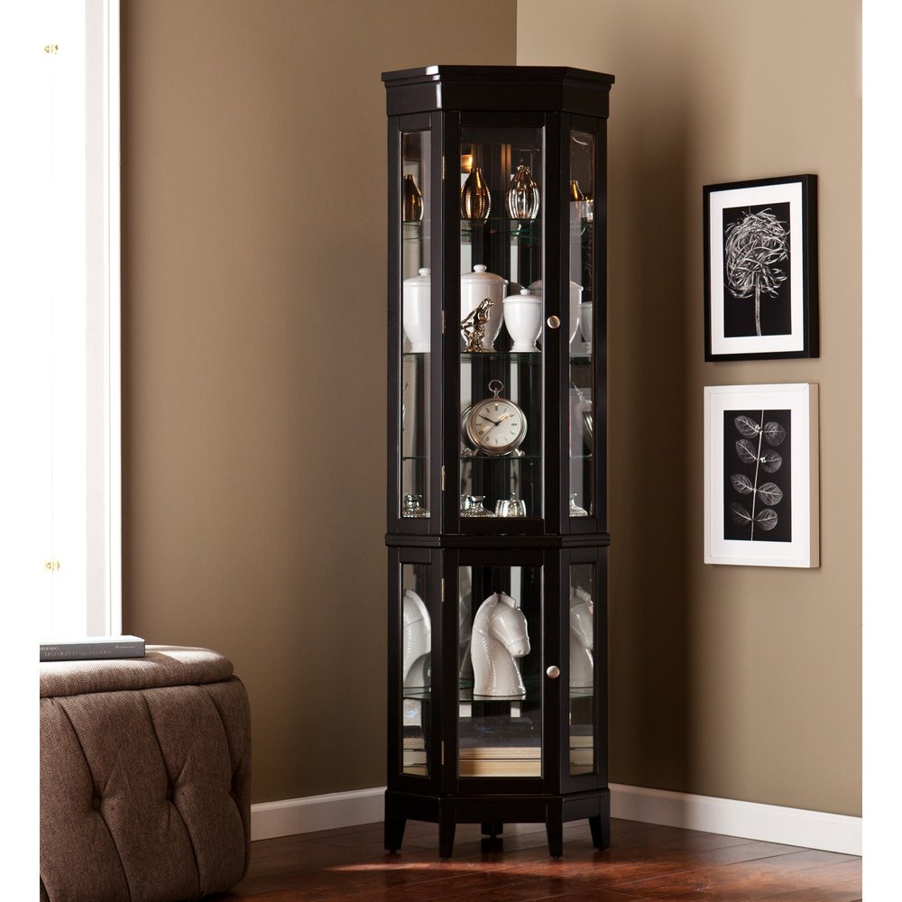 Elegant Black Lighted Curio Cabinet close-up detail