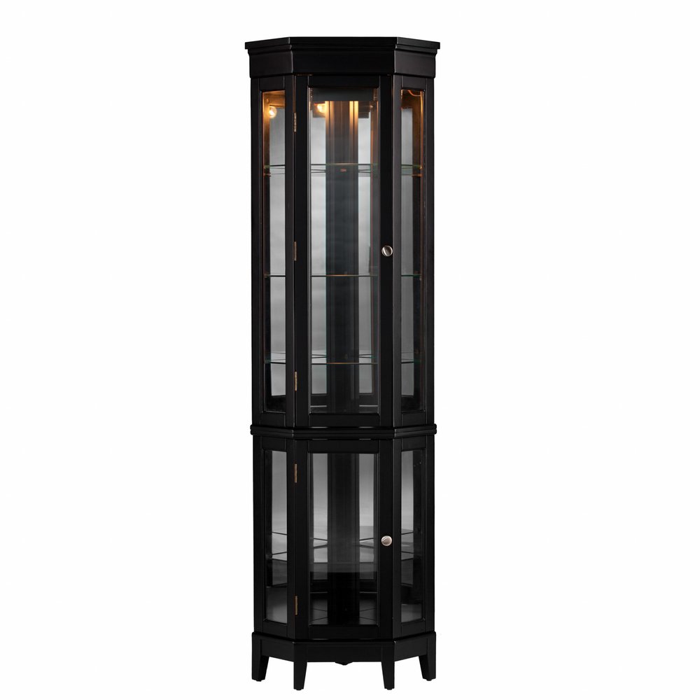 Elegant Black Lighted Curio Cabinet on a white background
