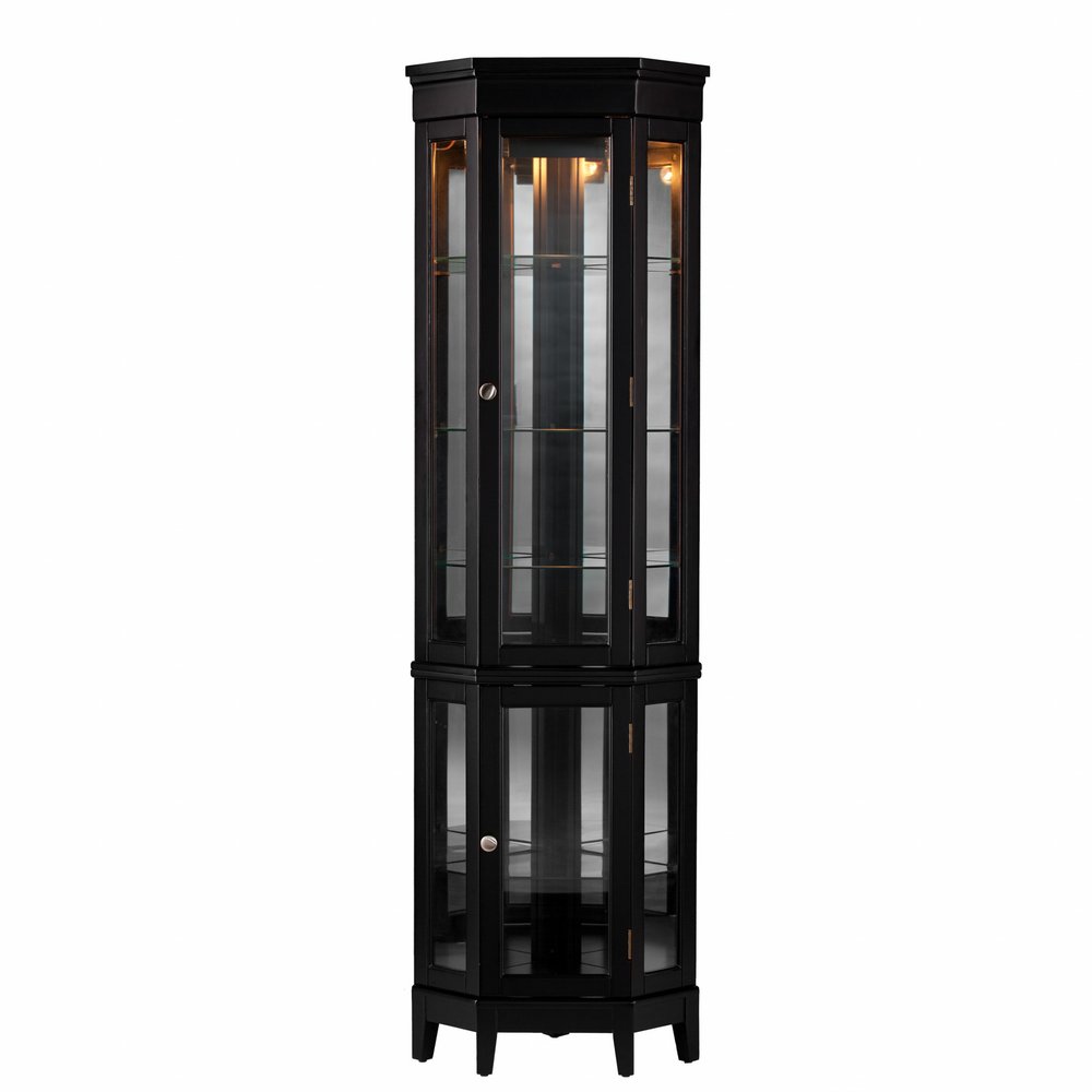 Elegant Black Lighted Curio Cabinet on a white background
