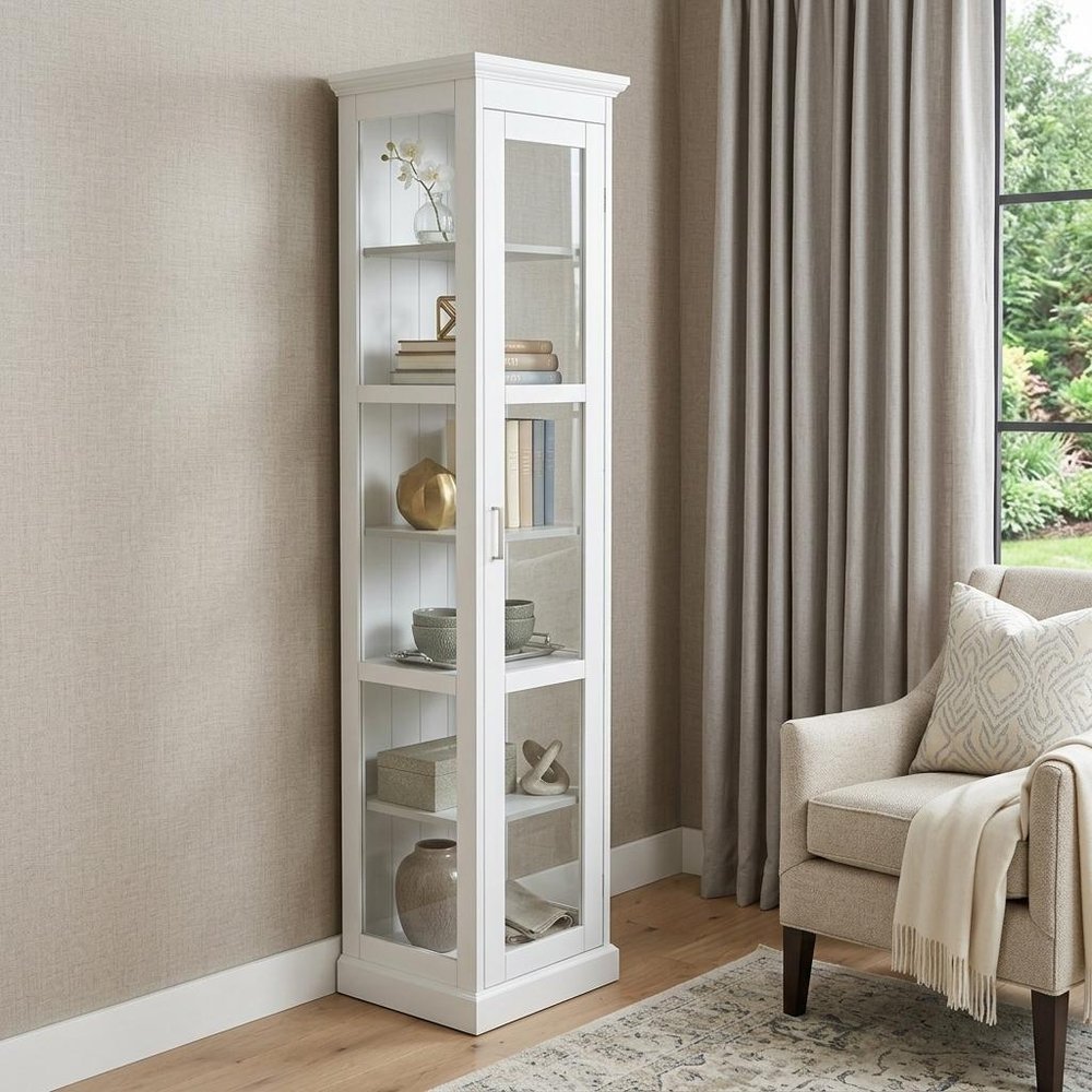 White Cornice Molding Curio with Glass Door in a home interior