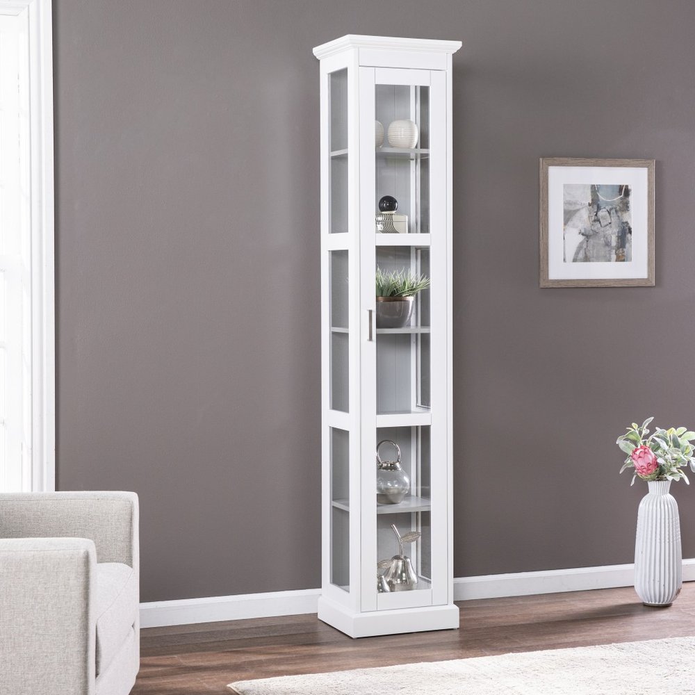 White Cornice Molding Curio with Glass Door close-up detail