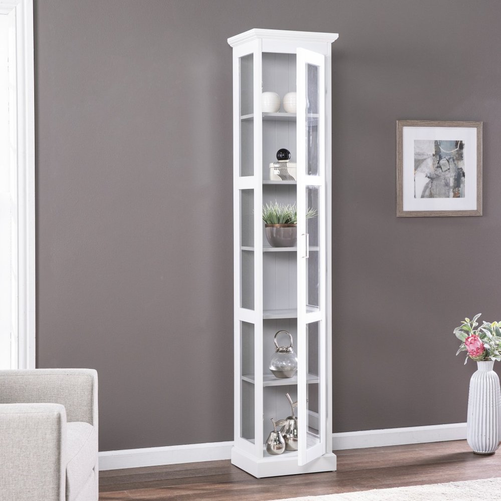 White Cornice Molding Curio with Glass Door close-up detail