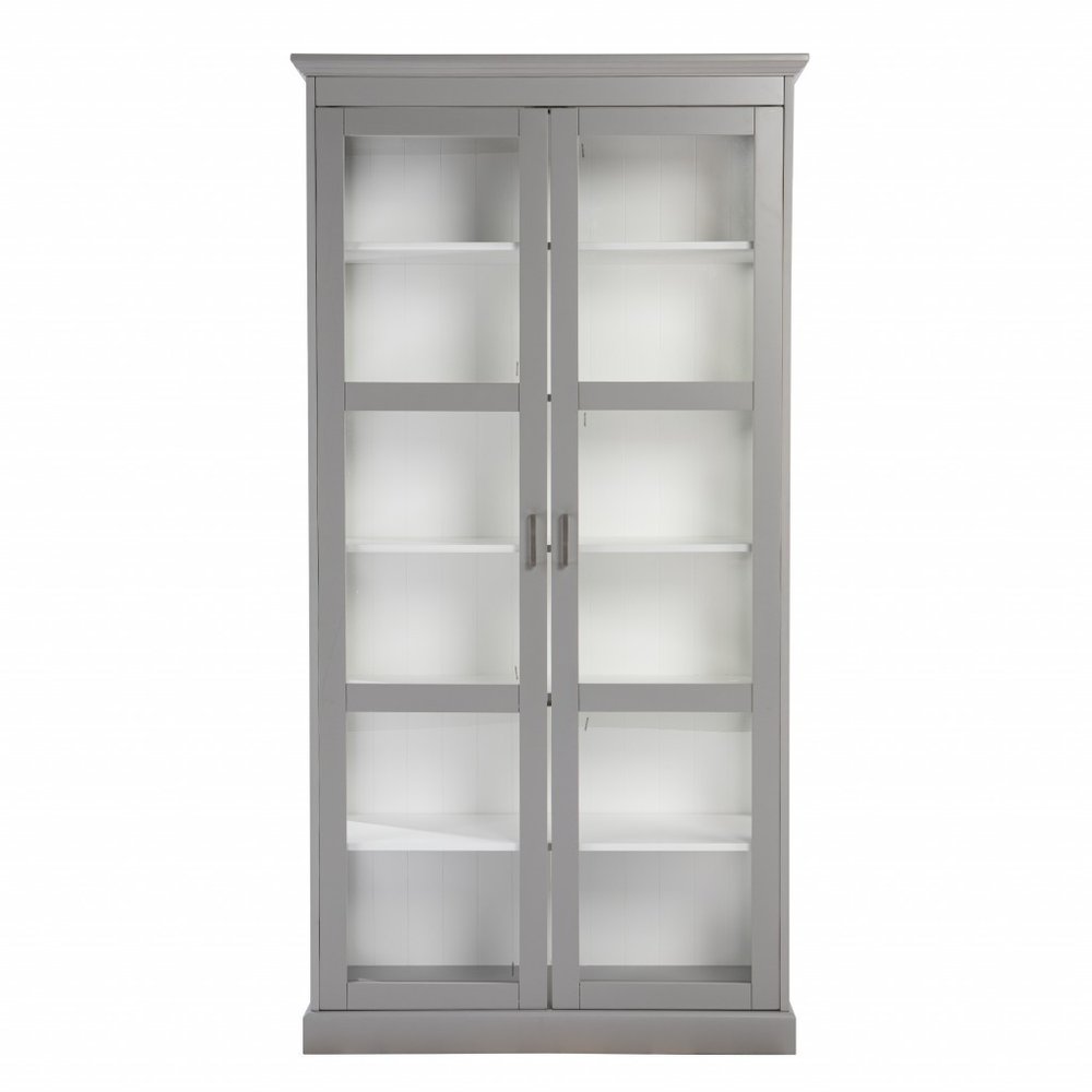 Gray Cornice Molding Double Door Curio Cabinet on a white background