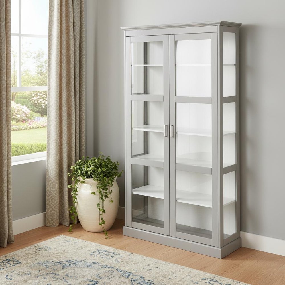 Gray Cornice Molding Double Door Curio Cabinet in a home interior