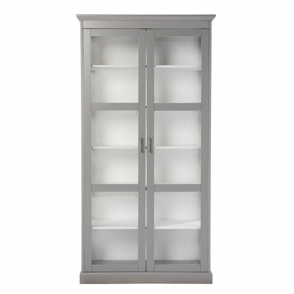 Gray curio cabinet with double glass doors and white shelves against a white background.